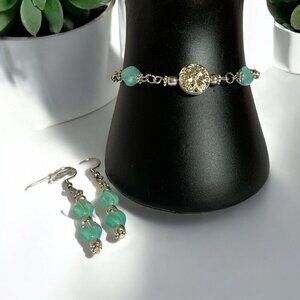 Reimagined Blue Silver Tone Bracelet and Earrings Set